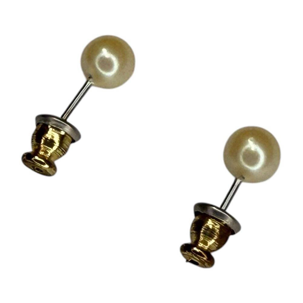 Vintage Silver-Tone Round Faux Pearl Stud Earrings Post Style Women's Jewelry - Picture 3 of 6